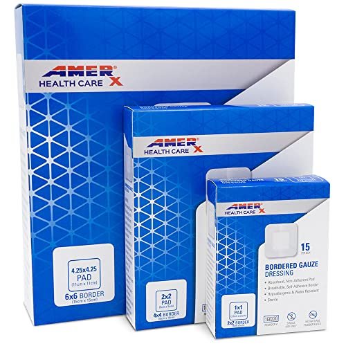 AMERX Bordered Gauze 2" x 2" Dressing (1x1 Pad) - Selbstklebende Wundauflagen, wasserabweisend, atmungsaktiv, hypoallergen - 15 Pads pro Box
