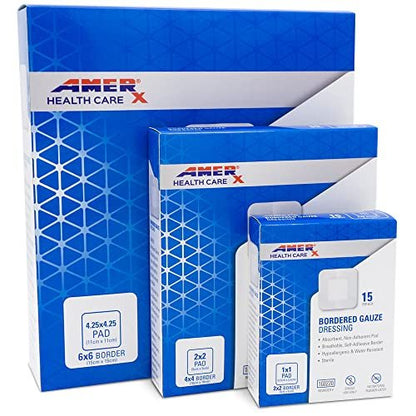 AMERX Bordered Gauze 2" x 2" Dressing (1x1 Pad) - Selbstklebende Wundauflagen, wasserabweisend, atmungsaktiv, hypoallergen - 15 Pads pro Box
