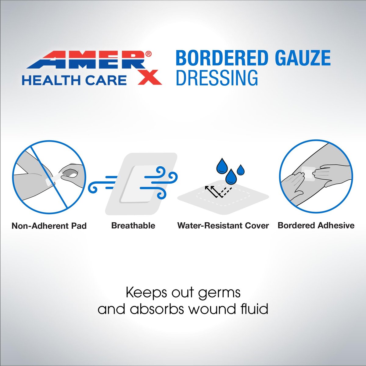 AMERX Bordered Gauze 2" x 2" Dressing (1x1 Pad) - Selbstklebende Wundauflagen, wasserabweisend, atmungsaktiv, hypoallergen - 15 Pads pro Box