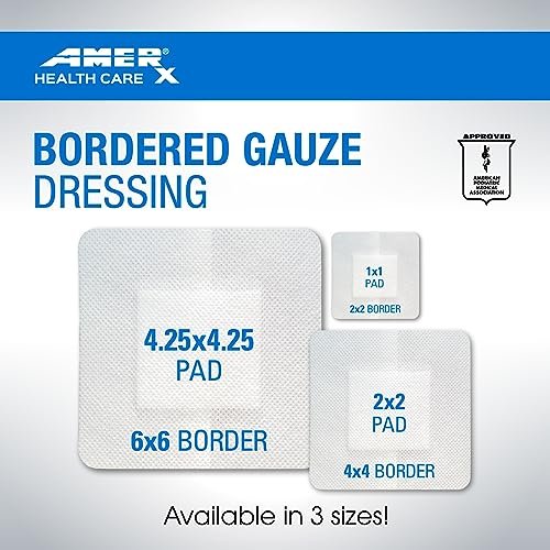 AMERX Bordered Gauze 2" x 2" Dressing (1x1 Pad) - Selbstklebende Wundauflagen, wasserabweisend, atmungsaktiv, hypoallergen - 15 Pads pro Box
