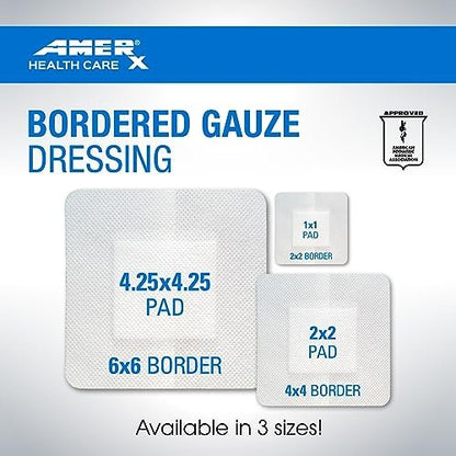 AMERX Bordered Gauze 2" x 2" Dressing (1x1 Pad) - Selbstklebende Wundauflagen, wasserabweisend, atmungsaktiv, hypoallergen - 15 Pads pro Box