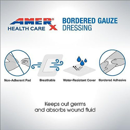 AMERX Bordered Gauze 2" x 2" Dressing (1x1 Pad) - Selbstklebende Wundauflagen, wasserabweisend, atmungsaktiv, hypoallergen - 15 Pads pro Box