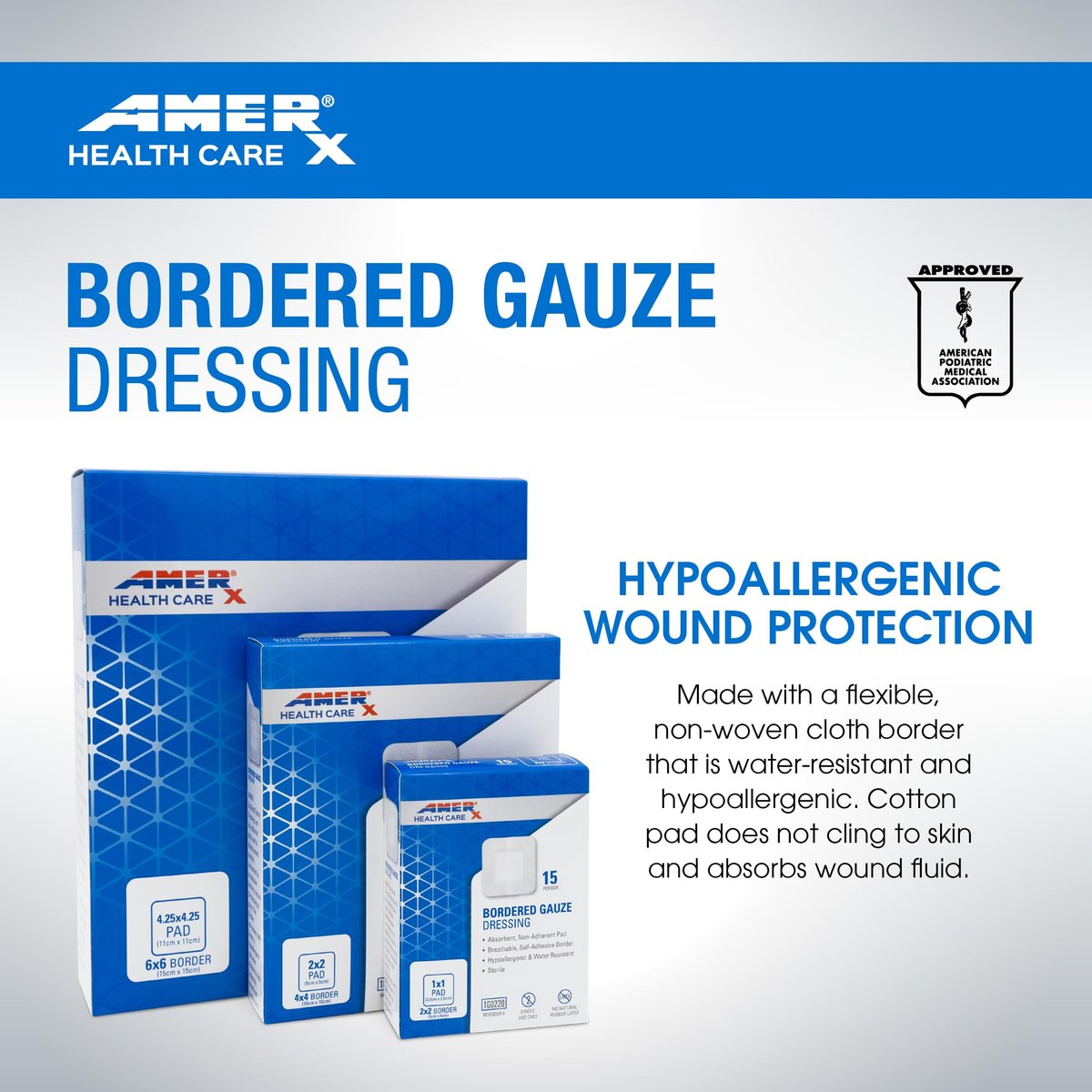 AMERX Bordered Gauze 2" x 2" Dressing (1x1 Pad) - Selbstklebende Wundauflagen, wasserabweisend, atmungsaktiv, hypoallergen - 15 Pads pro Box