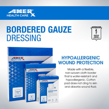 AMERX Bordered Gauze 2" x 2" Dressing (1x1 Pad) - Selbstklebende Wundauflagen, wasserabweisend, atmungsaktiv, hypoallergen - 15 Pads pro Box
