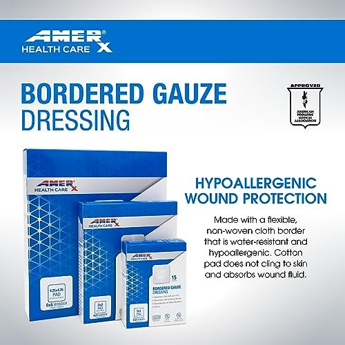 AMERX Bordered Gauze 2" x 2" Dressing (1x1 Pad) - Selbstklebende Wundauflagen, wasserabweisend, atmungsaktiv, hypoallergen - 15 Pads pro Box