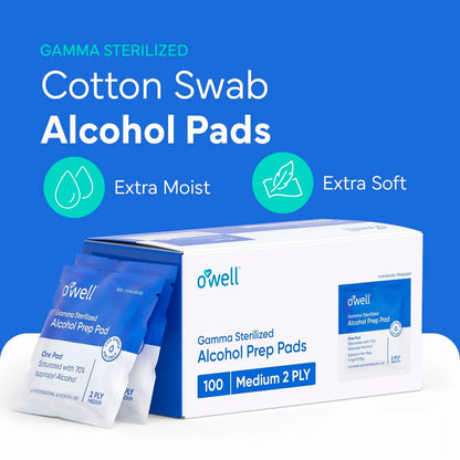 OWELL Prep Pads – 100 einzeln verpackte sterile Alkoholtupfer, mittelgroße 2-lagige antiseptische Tücher zur Hautdesinfektion, Erste-Hilfe-Set Alkoholpads (100 Stück)