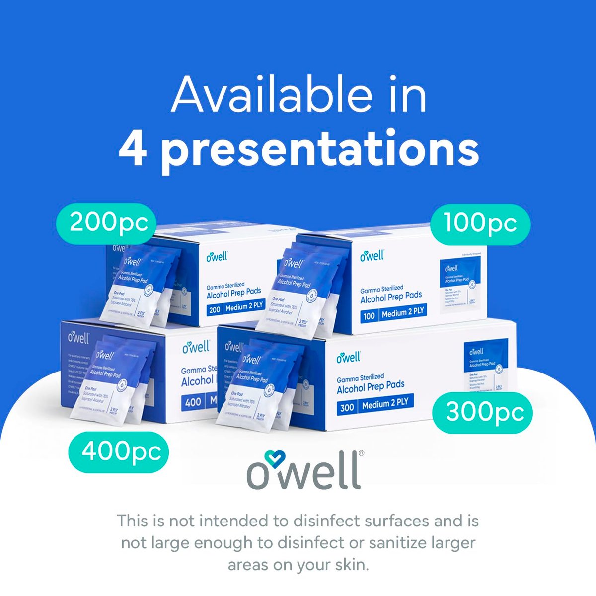 OWELL Prep Pads – 100 einzeln verpackte sterile Alkoholtupfer, mittelgroße 2-lagige antiseptische Tücher zur Hautdesinfektion, Erste-Hilfe-Set Alkoholpads (100 Stück)