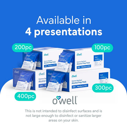 OWELL Prep Pads – 100 einzeln verpackte sterile Alkoholtupfer, mittelgroße 2-lagige antiseptische Tücher zur Hautdesinfektion, Erste-Hilfe-Set Alkoholpads (100 Stück)