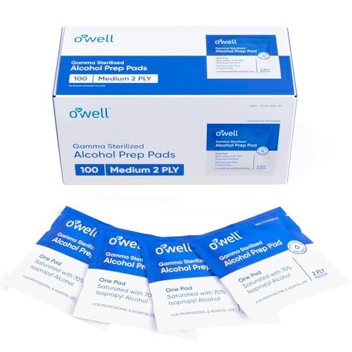OWELL Prep Pads – 100 einzeln verpackte sterile Alkoholtupfer, mittelgroße 2-lagige antiseptische Tücher zur Hautdesinfektion, Erste-Hilfe-Set Alkoholpads (100 Stück)