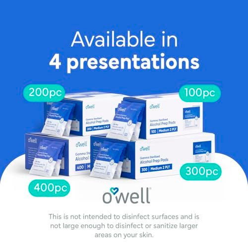 OWELL Prep Pads – 100 einzeln verpackte sterile Alkoholtupfer, mittelgroße 2-lagige antiseptische Tücher zur Hautdesinfektion, Erste-Hilfe-Set Alkoholpads (100 Stück)
