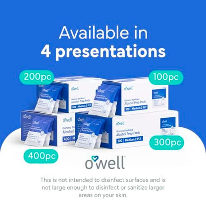 OWELL Prep Pads – 100 einzeln verpackte sterile Alkoholtupfer, mittelgroße 2-lagige antiseptische Tücher zur Hautdesinfektion, Erste-Hilfe-Set Alkoholpads (100 Stück)