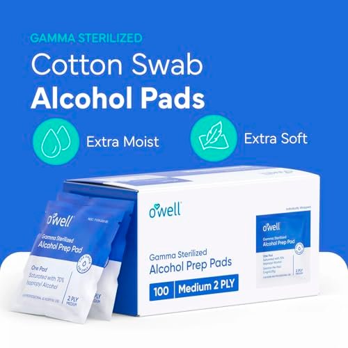 OWELL Prep Pads – 100 einzeln verpackte sterile Alkoholtupfer, mittelgroße 2-lagige antiseptische Tücher zur Hautdesinfektion, Erste-Hilfe-Set Alkoholpads (100 Stück)
