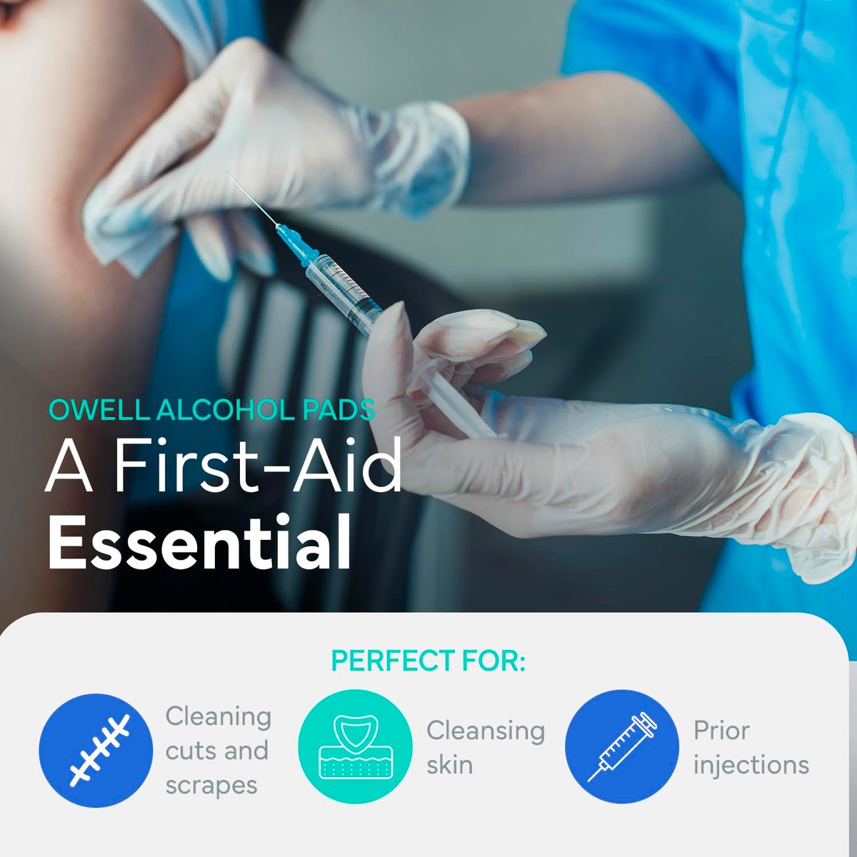 OWELL Prep Pads – 100 einzeln verpackte sterile Alkoholtupfer, mittelgroße 2-lagige antiseptische Tücher zur Hautdesinfektion, Erste-Hilfe-Set Alkoholpads (100 Stück)