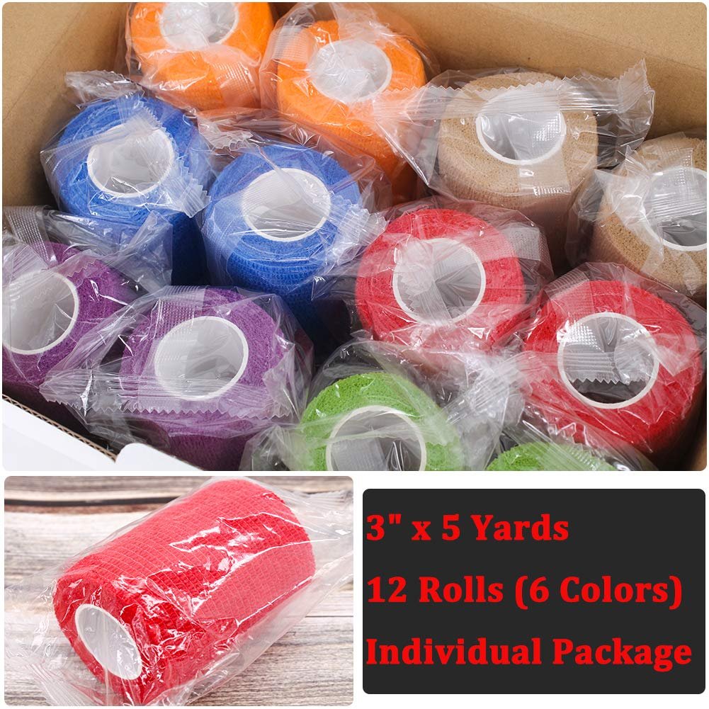 12 Rollen Elastische Selbstklebende Bandage 3 Zoll, Atmungsaktives Vlies-Kohäsivband, Veterinärbandage für Hunde, Knöchelverstauchungen Schwellung Medizinisches Erste-Hilfe-Tape, Sporttape Farben