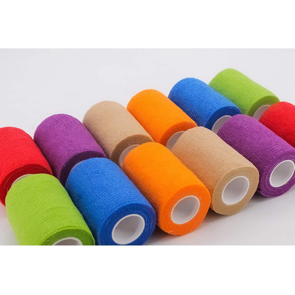 12 Rollen Elastische Selbstklebende Bandage 3 Zoll, Atmungsaktives Vlies-Kohäsivband, Veterinärbandage für Hunde, Knöchelverstauchungen Schwellung Medizinisches Erste-Hilfe-Tape, Sporttape Farben