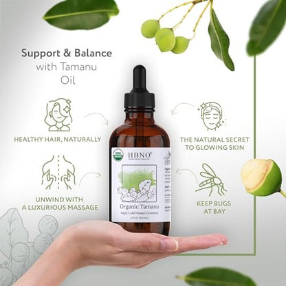 HBNO Biozertifiziertes Tamanu-Öl aus Kalifornien 4 oz (120 ml) - USDA Bio Kaltgepresstes Trägeröl für Gesicht, Körper, Lippen, Nägel, Shampoo & Conditioner