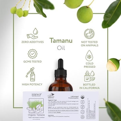 HBNO Biozertifiziertes Tamanu-Öl aus Kalifornien 4 oz (120 ml) - USDA Bio Kaltgepresstes Trägeröl für Gesicht, Körper, Lippen, Nägel, Shampoo & Conditioner