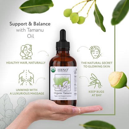 HBNO Biozertifiziertes Tamanu-Öl aus Kalifornien 4 oz (120 ml) - USDA Bio Kaltgepresstes Trägeröl für Gesicht, Körper, Lippen, Nägel, Shampoo & Conditioner