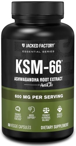 Jacked Factory Ashwagandha Root Extract (KSM-66 Ashwagandha) mit 5 % Withanoliden – Nahrungsergänzungsmittel für natürlichen Stressabbau, kognitive Funktion, Vitalität und Stimmungsunterstützung – 60 vegane Kapseln