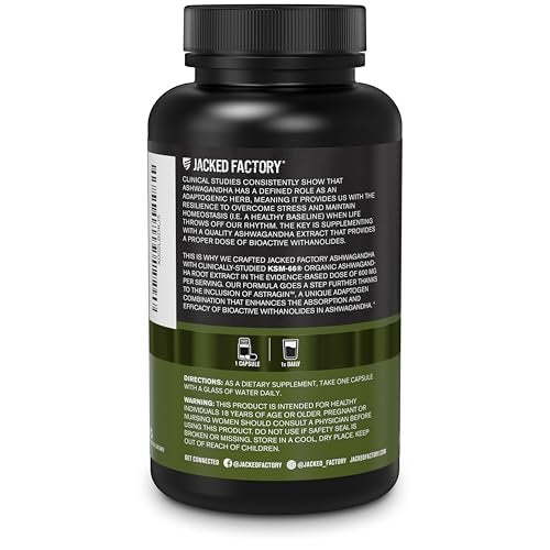 Jacked Factory Ashwagandha Root Extract (KSM-66 Ashwagandha) mit 5 % Withanoliden – Nahrungsergänzungsmittel für natürlichen Stressabbau, kognitive Funktion, Vitalität und Stimmungsunterstützung – 60 vegane Kapseln