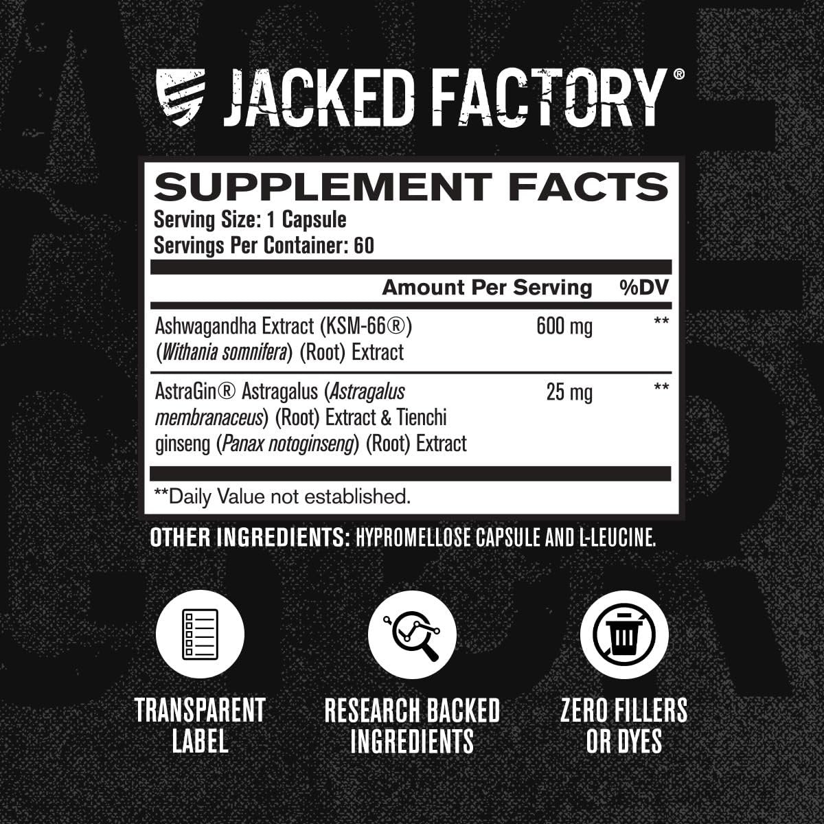 Jacked Factory Ashwagandha Root Extract (KSM-66 Ashwagandha) mit 5 % Withanoliden – Nahrungsergänzungsmittel für natürlichen Stressabbau, kognitive Funktion, Vitalität und Stimmungsunterstützung – 60 vegane Kapseln