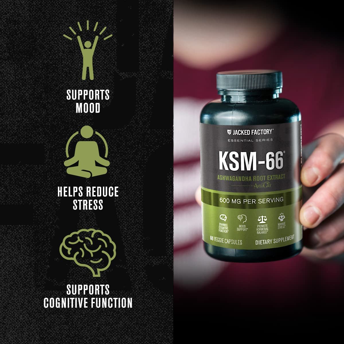 Jacked Factory Ashwagandha Root Extract (KSM-66 Ashwagandha) mit 5 % Withanoliden – Nahrungsergänzungsmittel für natürlichen Stressabbau, kognitive Funktion, Vitalität und Stimmungsunterstützung – 60 vegane Kapseln
