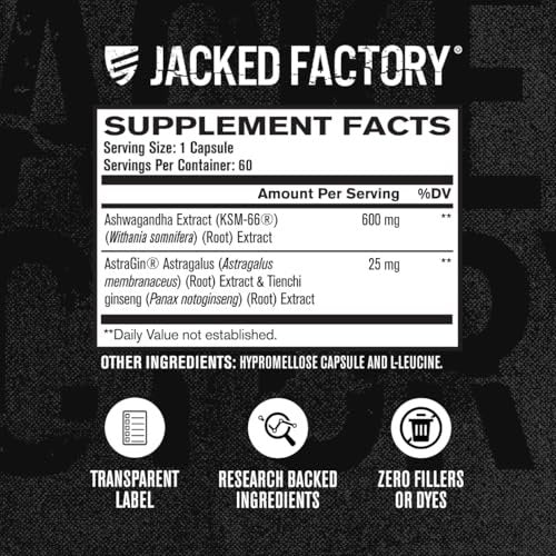 Jacked Factory Ashwagandha Root Extract (KSM-66 Ashwagandha) mit 5 % Withanoliden – Nahrungsergänzungsmittel für natürlichen Stressabbau, kognitive Funktion, Vitalität und Stimmungsunterstützung – 60 vegane Kapseln