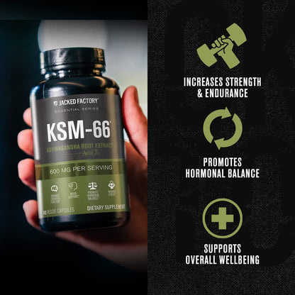 Jacked Factory Ashwagandha Root Extract (KSM-66 Ashwagandha) mit 5 % Withanoliden – Nahrungsergänzungsmittel für natürlichen Stressabbau, kognitive Funktion, Vitalität und Stimmungsunterstützung – 60 vegane Kapseln