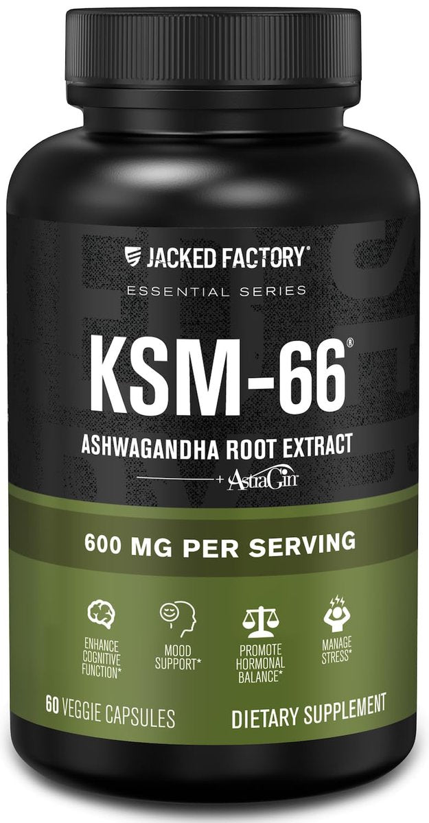 Jacked Factory Ashwagandha Root Extract (KSM-66 Ashwagandha) mit 5 % Withanoliden – Nahrungsergänzungsmittel für natürlichen Stressabbau, kognitive Funktion, Vitalität und Stimmungsunterstützung – 60 vegane Kapseln