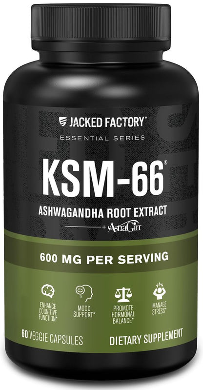 Jacked Factory Ashwagandha Root Extract (KSM-66 Ashwagandha) mit 5 % Withanoliden – Nahrungsergänzungsmittel für natürlichen Stressabbau, kognitive Funktion, Vitalität und Stimmungsunterstützung – 60 vegane Kapseln