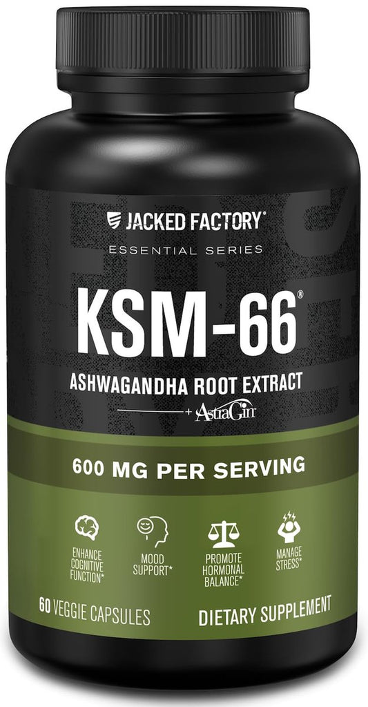 Jacked Factory Ashwagandha Root Extract (KSM-66 Ashwagandha) mit 5 % Withanoliden – Nahrungsergänzungsmittel für natürlichen Stressabbau, kognitive Funktion, Vitalität und Stimmungsunterstützung – 60 vegane Kapseln