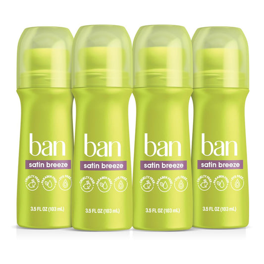 Ban Unsichtbarer Roll-on Antiperspirant Deodorant für Damen und Herren, 24-Stunden Achselgeruch- und Schweißschutz, Satin Breeze, 3,5 Unzen, Packung mit 4
