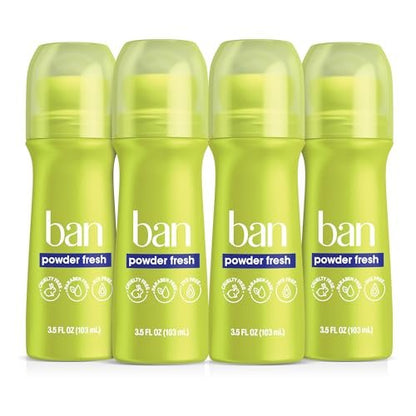 Ban Invisible Roll-on Antiperspirant Deodorant für Damen und Herren, 24-Stunden-Achselgeruch- und Schweißschutz, Powder Fresh, 3,5 oz, 4er-Pack