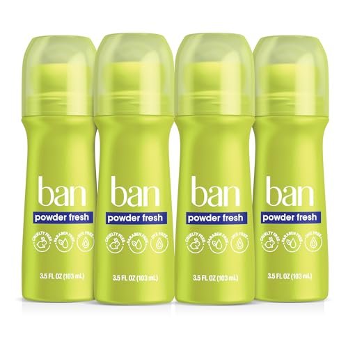 Ban Invisible Roll-on Antiperspirant Deodorant für Damen und Herren, 24-Stunden-Achselgeruch- und Schweißschutz, Powder Fresh, 3,5 oz, 4er-Pack