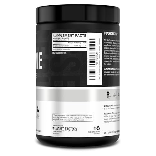 Jacked Factory Creatine Monohydrat Pulver 425g - 5g tägliches Creatin für Männer und Frauen, vegan, drittanbietergeprüft - 85 Portionen, ungesüßt