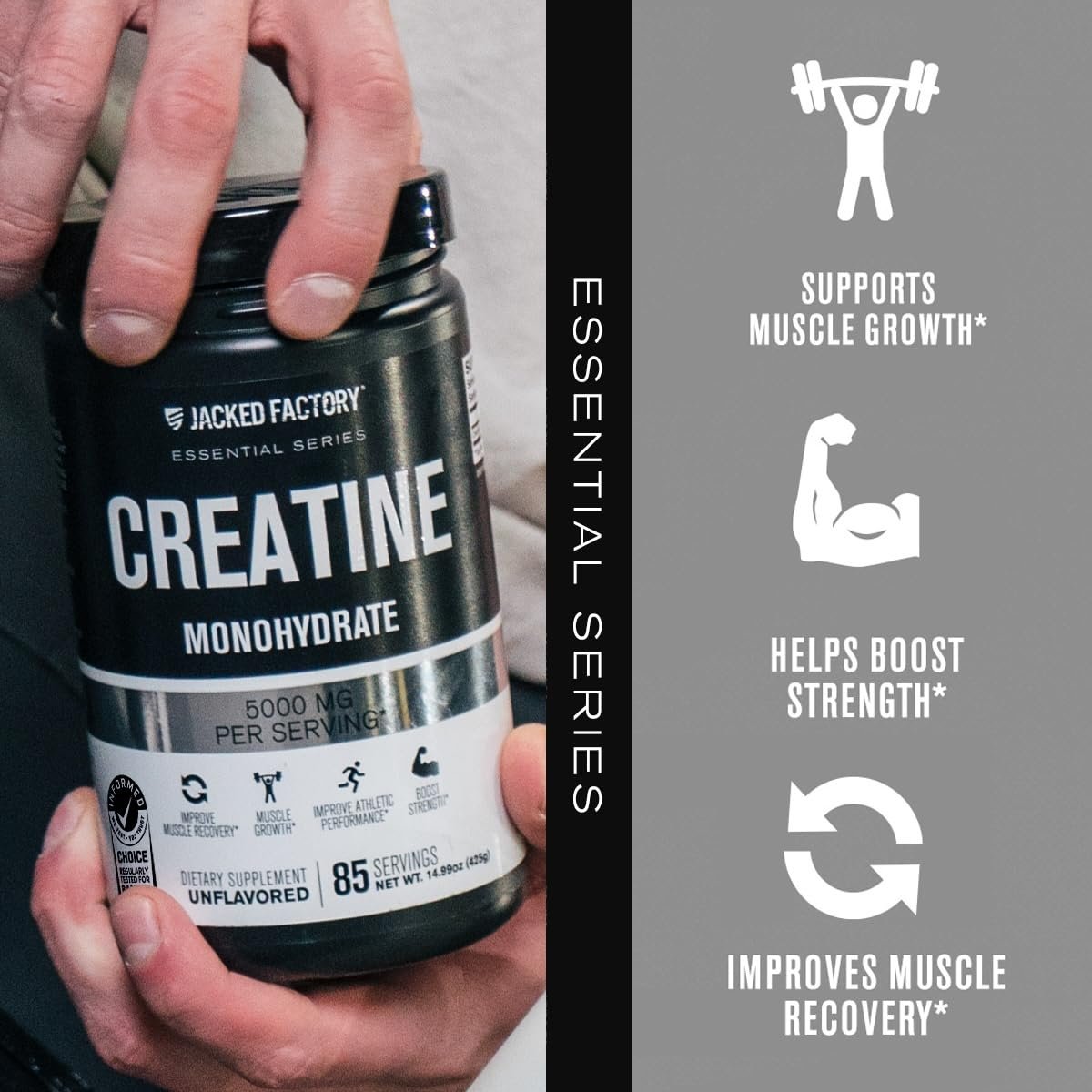 Jacked Factory Creatine Monohydrat Pulver 425g - 5g tägliches Creatin für Männer und Frauen, vegan, drittanbietergeprüft - 85 Portionen, ungesüßt