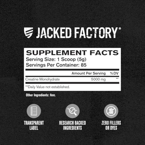 Jacked Factory Creatine Monohydrat Pulver 425g - 5g tägliches Creatin für Männer und Frauen, vegan, drittanbietergeprüft - 85 Portionen, ungesüßt