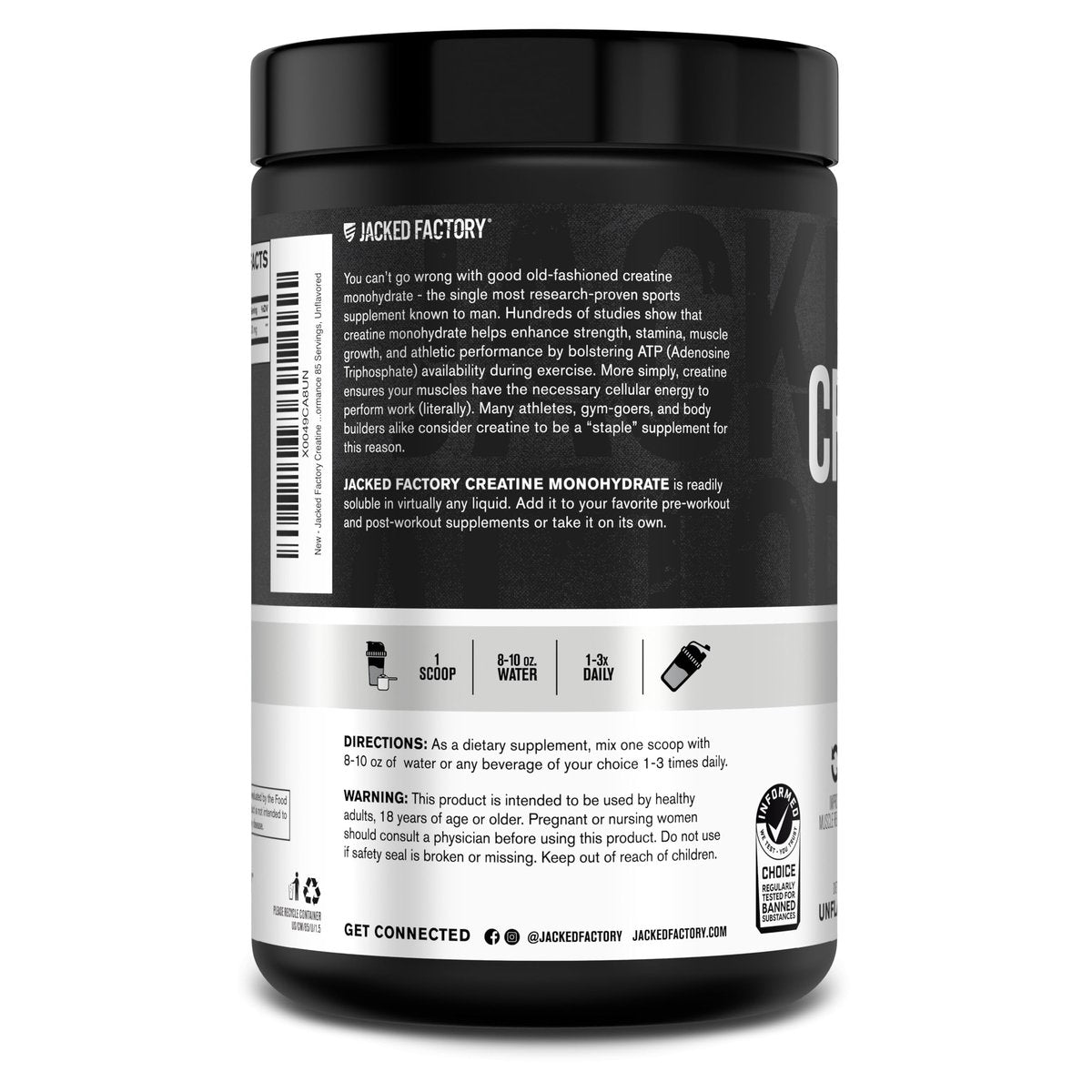 Jacked Factory Creatine Monohydrat Pulver 425g - 5g tägliches Creatin für Männer und Frauen, vegan, drittanbietergeprüft - 85 Portionen, ungesüßt