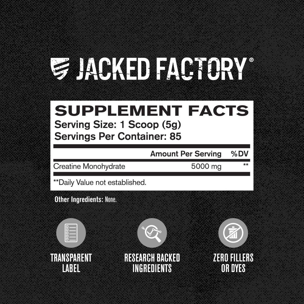 Jacked Factory Creatine Monohydrat Pulver 425g - 5g tägliches Creatin für Männer und Frauen, vegan, drittanbietergeprüft - 85 Portionen, ungesüßt