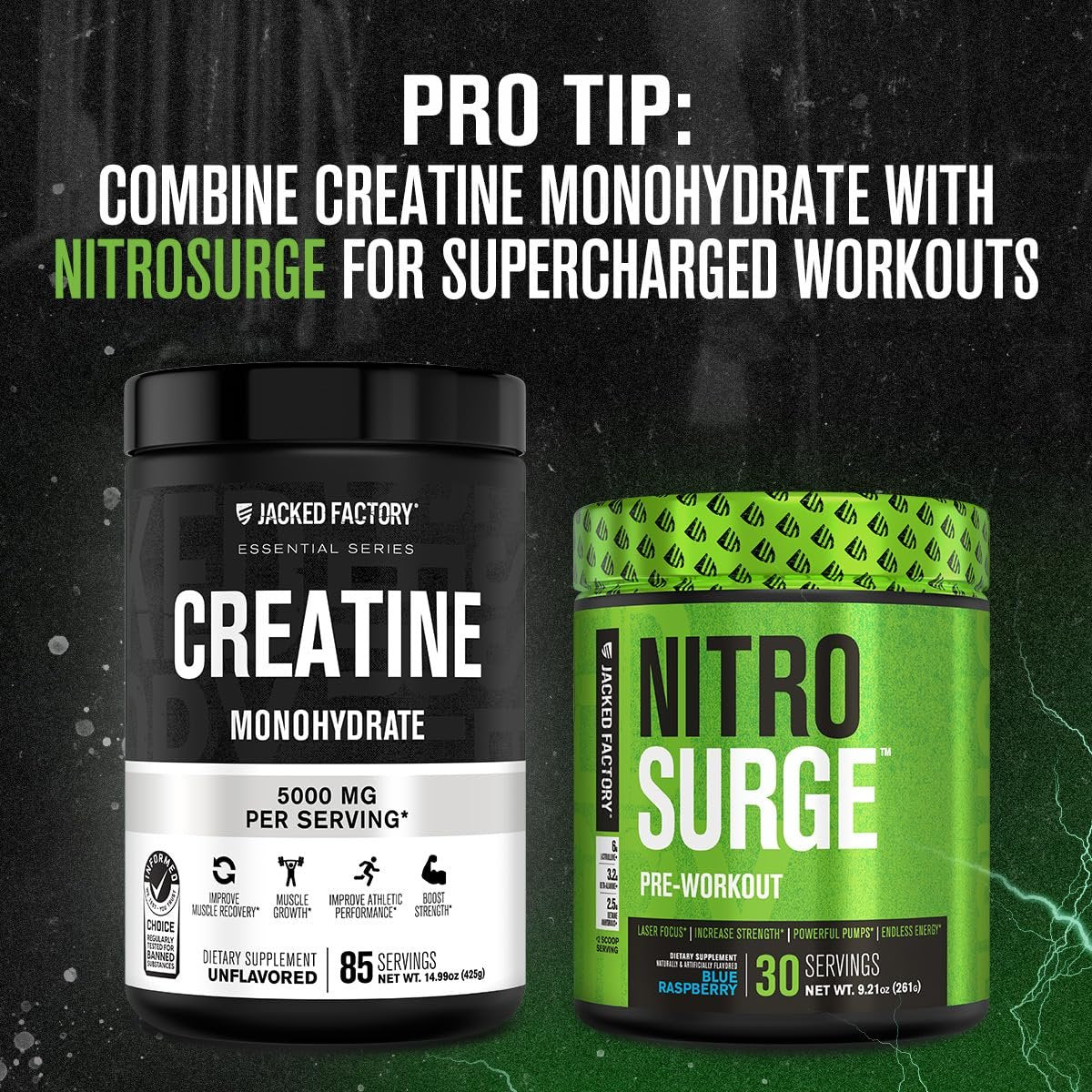 Jacked Factory Creatine Monohydrat Pulver 425g - 5g tägliches Creatin für Männer und Frauen, vegan, drittanbietergeprüft - 85 Portionen, ungesüßt