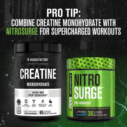 Jacked Factory Creatine Monohydrat Pulver 425g - 5g tägliches Creatin für Männer und Frauen, vegan, drittanbietergeprüft - 85 Portionen, ungesüßt