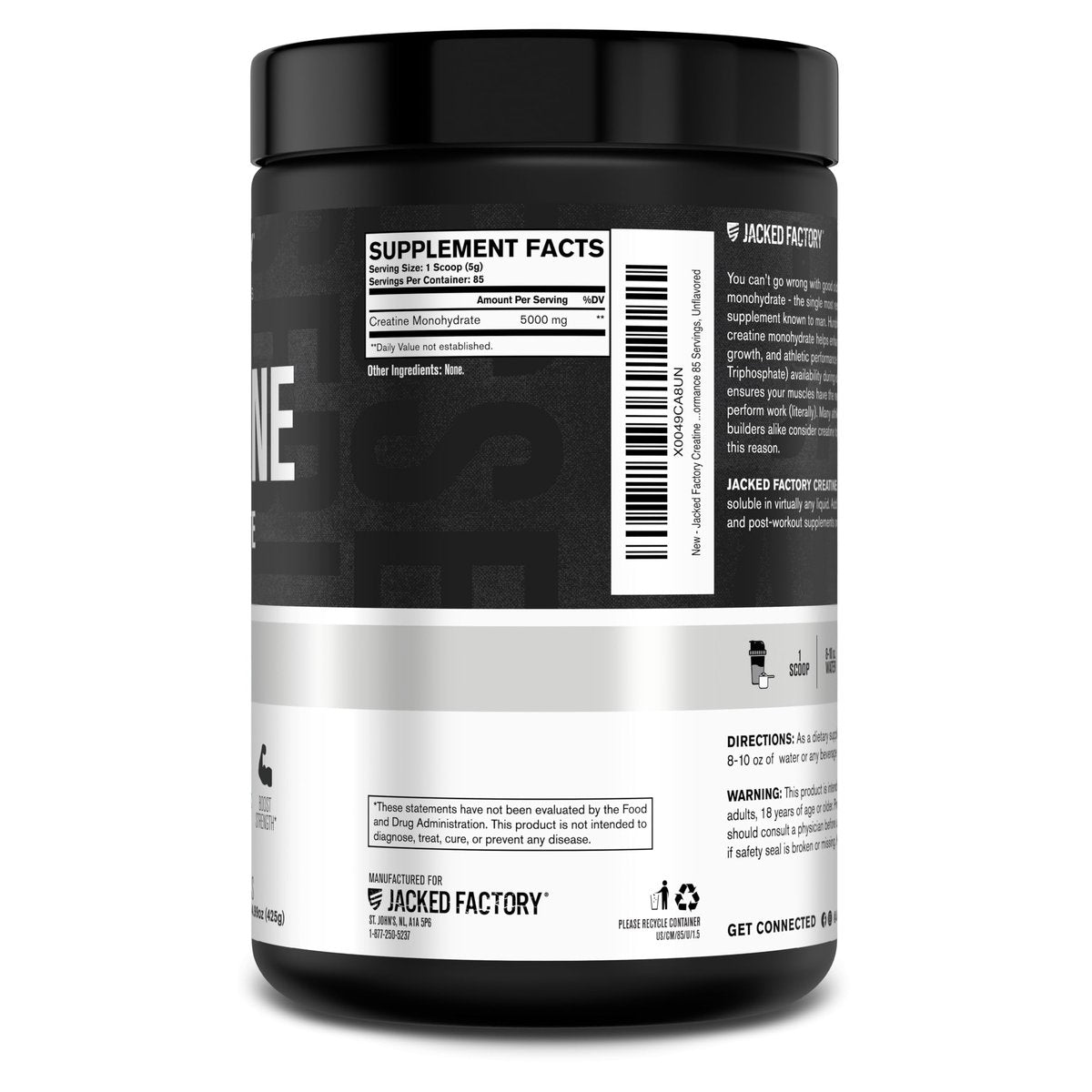 Jacked Factory Creatine Monohydrat Pulver 425g - 5g tägliches Creatin für Männer und Frauen, vegan, drittanbietergeprüft - 85 Portionen, ungesüßt