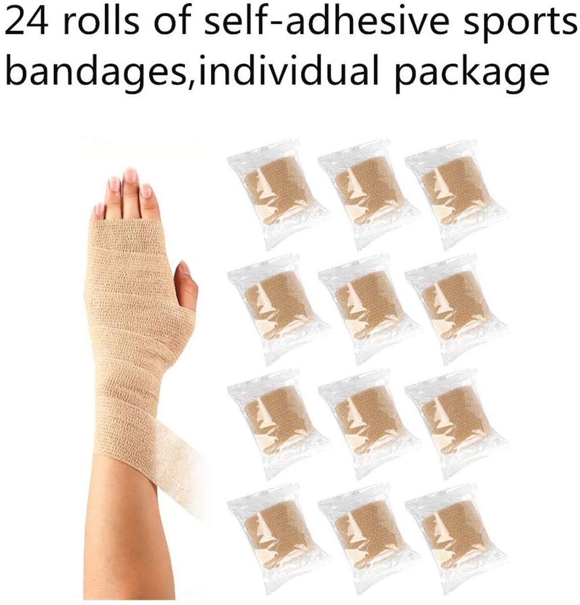 24er-Pack Selbstklebende Kohäsive Binden 5 cm x 4,5 m, Erste-Hilfe-Bandage, Sport-Tape, Atmungsaktive Fixierbinde, Hautfarben