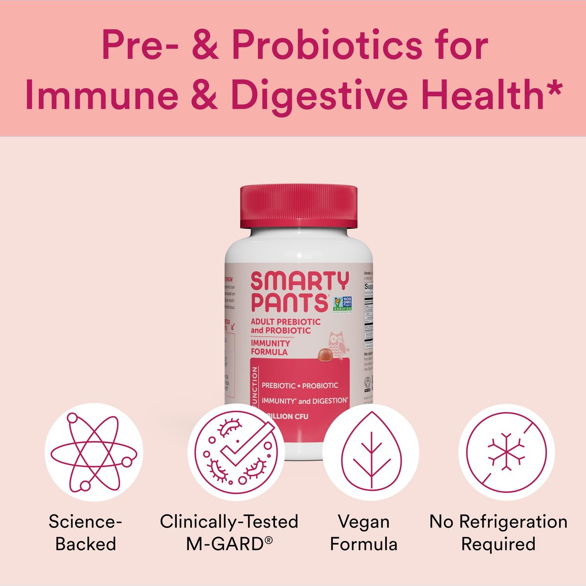 SmartyPants Probiotika & Präbiotika Gummis für Erwachsene – Verdauungsgesundheit, klinisch getestetes Präbiotikum für Immununterstützung, Erdbeer, 60 Stück (30-Tage-Vorrat)