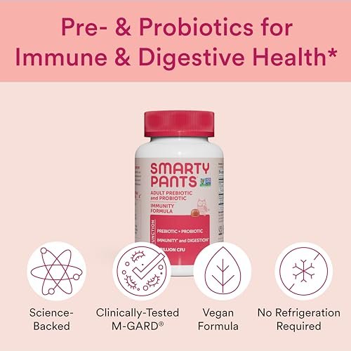 SmartyPants Probiotika & Präbiotika Gummis für Erwachsene – Verdauungsgesundheit, klinisch getestetes Präbiotikum für Immununterstützung, Erdbeer, 60 Stück (30-Tage-Vorrat)