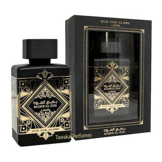 Lattafa Bade'e Al Oud Oud for Glory - Orientalisch-holziges Eau de Parfum mit Karamell und warmen Gewürzen, langanhaltender Duft für Unisex, 100 ml