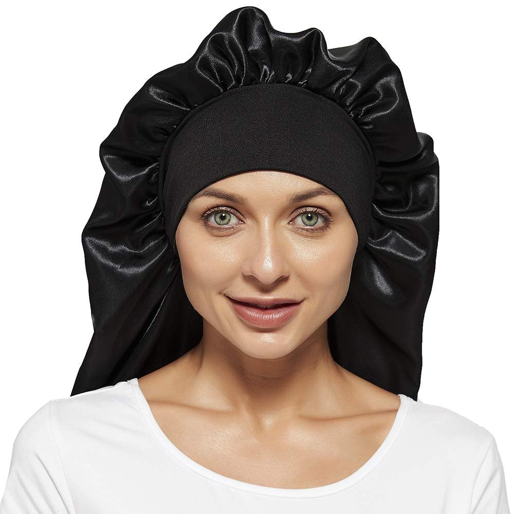 Satin Schlafhaube für Frauen mit breitem elastischem Band – Haarnetz für Zöpfe, Locken und langes Haar – Schwarz