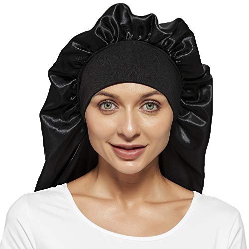 Satin Schlafhaube für Frauen mit breitem elastischem Band – Haarnetz für Zöpfe, Locken und langes Haar – Schwarz