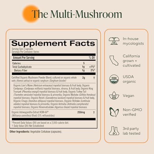 Om Master Blend Bio-Pilzkapseln - Organisches Pilzpräparat mit 10 Pilzen und Ashwagandha – Unterstützt Immunsystem, Darmgesundheit & Stressabbau, 84 Kapseln (28 Portionen)