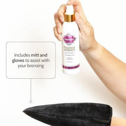 Fake Bake Flawless Darker Selbstbräuner-Lotion – Streifenfreie, langanhaltende natürliche Bräune für alle Hauttöne – Inklusive Applikator-Handschuh, Schwarzer Kokosnussduft – 177 ml